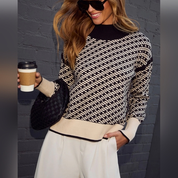 Vici Black and Cream Cowl Neck Sweater with Geometric Pattern - Picture 1 of 9